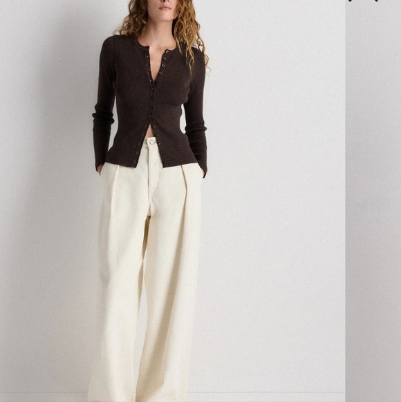 Quince Cotton Cashmere Fitted Ribbed Cardigan In Mocha Heather - Picture 9 of 16